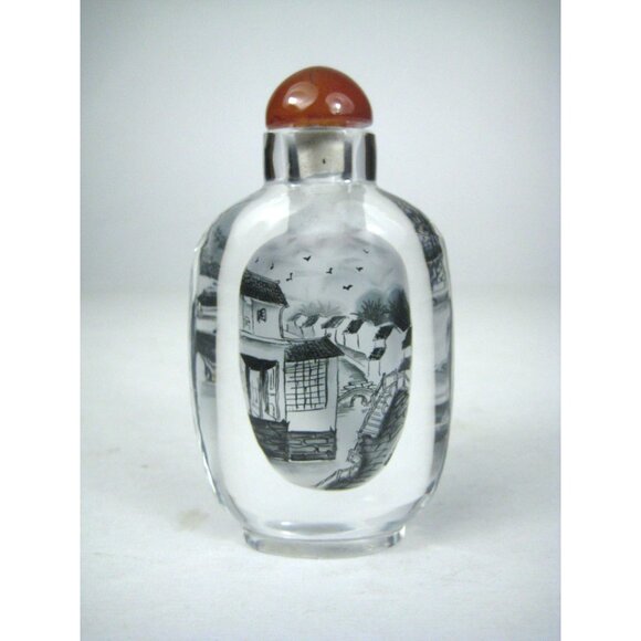 Hand Painted Chinese Reverse Glass Snuff Bottle Red Agate Lid - Picture 1 of 9